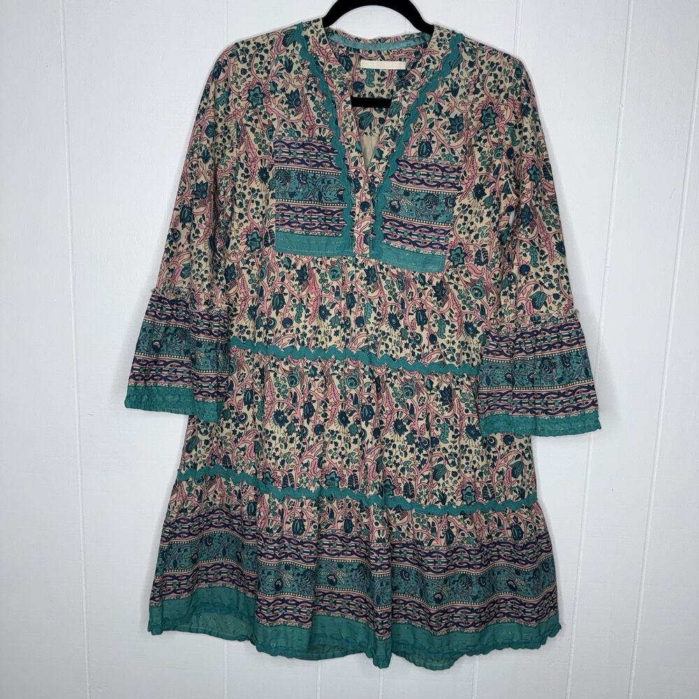 Lola Australia Women’s Floral Mini Dress Tiered Boho Teal Pink Size XS